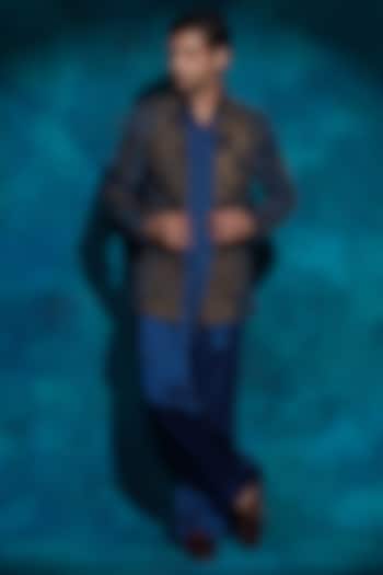 Teal Linen Silk Hand Embroidered Groom Indowestern Jacket Set by Jatin Malik at Pernia's Pop Up Shop