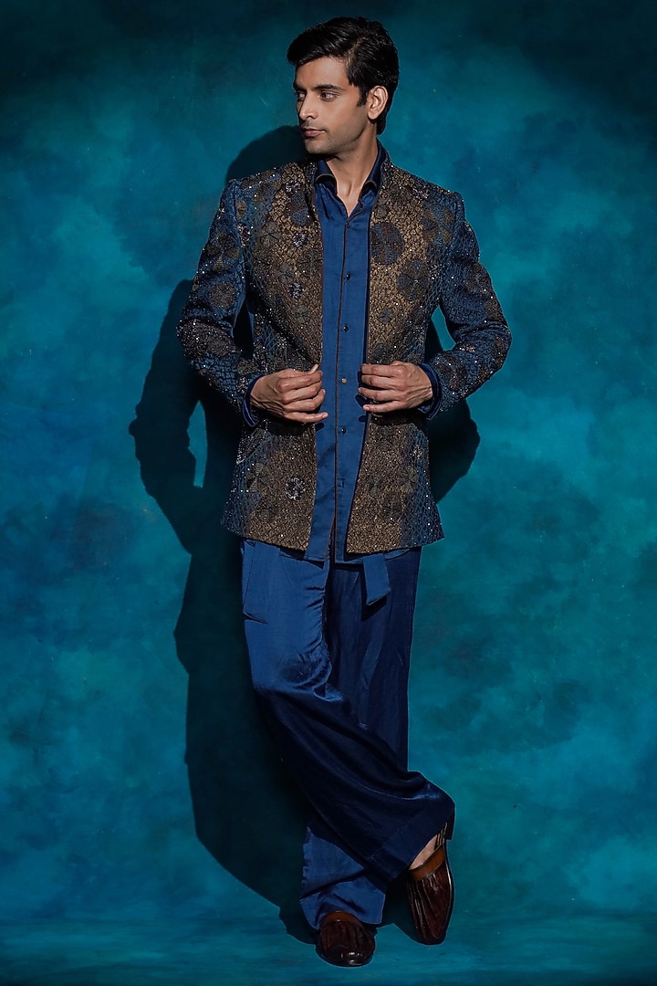 Teal Linen Silk Hand Embroidered Groom Indowestern Jacket Set by Jatin Malik at Pernia's Pop Up Shop