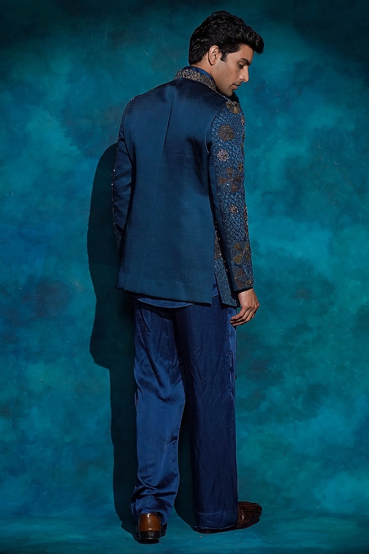 Teal Linen Silk Hand Embroidered Groom Indowestern Jacket Set by Jatin Malik at Pernia's Pop Up Shop
