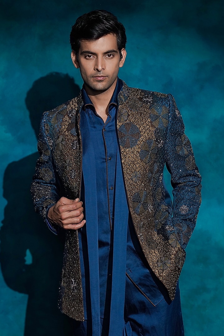 Teal Linen Silk Hand Embroidered Groom Indowestern Jacket Set by Jatin Malik at Pernia's Pop Up Shop