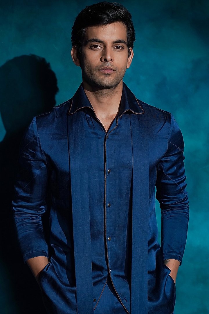 Teal Linen Silk Hand Embroidered Groom Indowestern Jacket Set by Jatin Malik at Pernia's Pop Up Shop