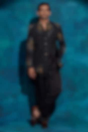 Black Linen Silk Resham Embroidered Groom Bandhgala Set by Jatin Malik at Pernia's Pop Up Shop