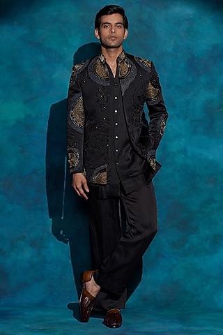 Black Linen Silk Resham Embroidered Bandhgala Set by Jatin Malik