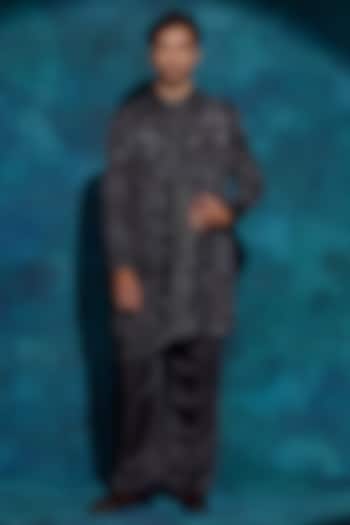 Charcoal Grey Linen Silk Hand Embroidered Groom Indowestern Jacket Set by Jatin Malik at Pernia's Pop Up Shop