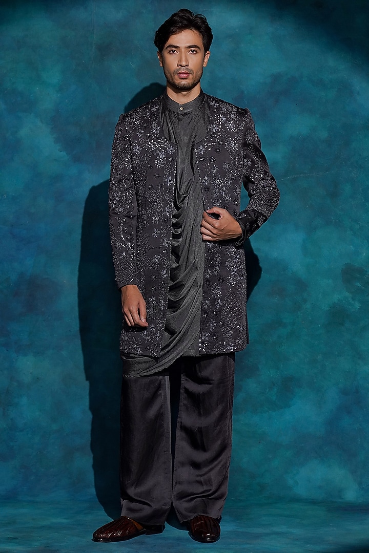 Charcoal Grey Linen Silk Hand Embroidered Groom Indowestern Jacket Set by Jatin Malik at Pernia's Pop Up Shop