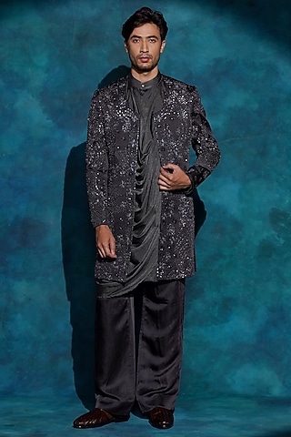 Charcoal Grey Linen Silk Hand Embroidered Indowestern Jacket Set by Jatin Malik