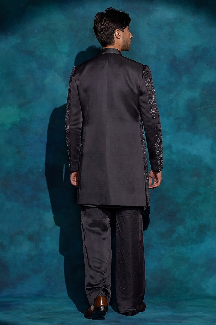Charcoal Grey Linen Silk Hand Embroidered Groom Indowestern Jacket Set by Jatin Malik at Pernia's Pop Up Shop