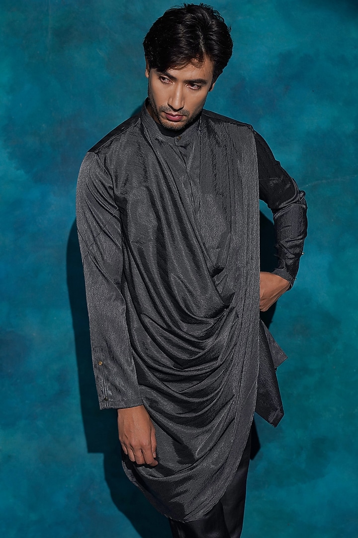Charcoal Grey Linen Silk Hand Embroidered Groom Indowestern Jacket Set by Jatin Malik at Pernia's Pop Up Shop