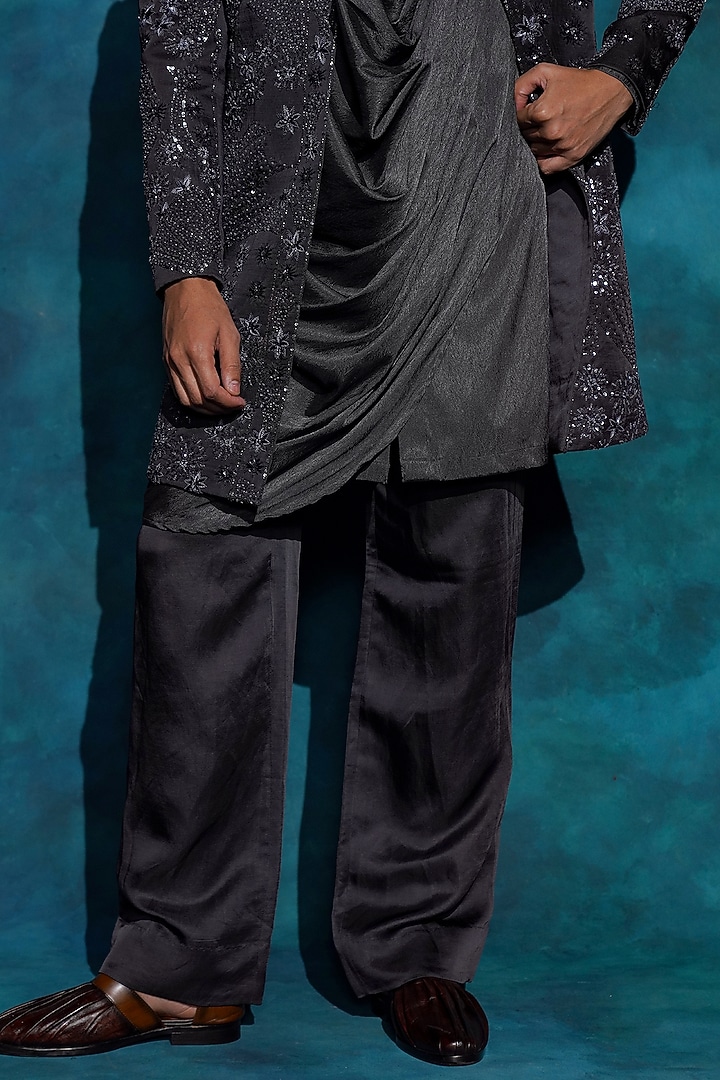 Charcoal Grey Linen Silk Hand Embroidered Groom Indowestern Jacket Set by Jatin Malik at Pernia's Pop Up Shop