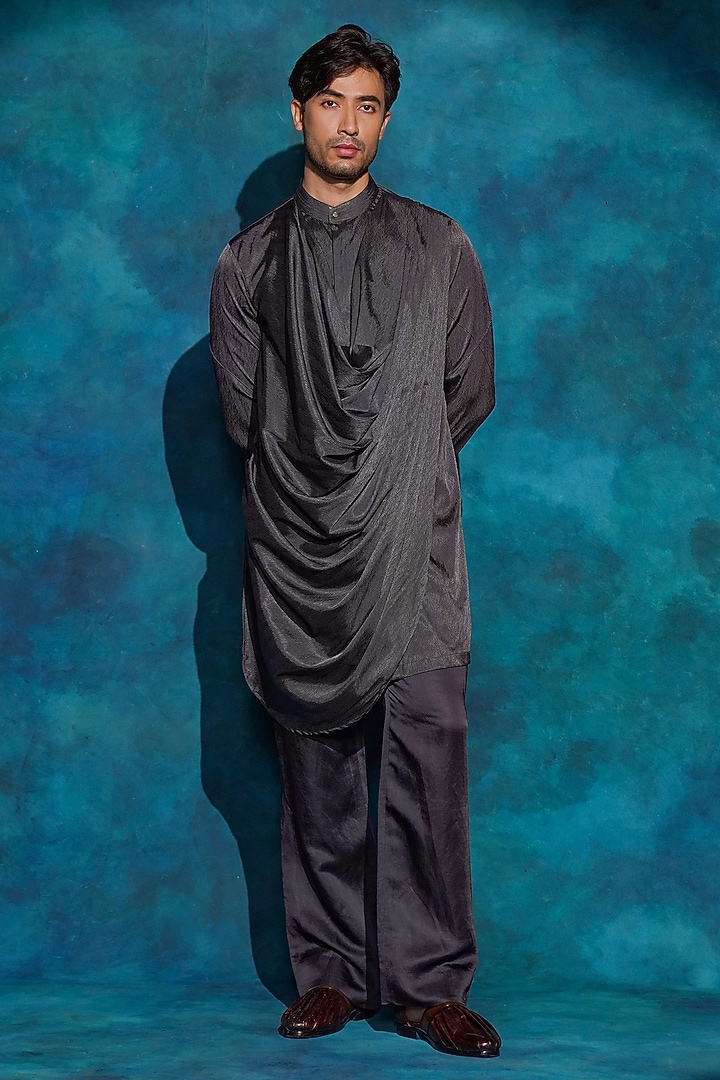 Charcoal Grey Linen Silk Hand Embroidered Groom Indowestern Jacket Set by Jatin Malik at Pernia's Pop Up Shop