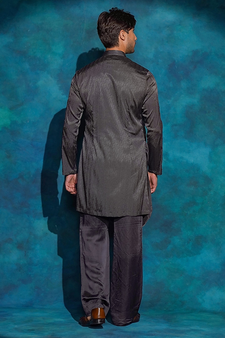 Charcoal Grey Linen Silk Hand Embroidered Groom Indowestern Jacket Set by Jatin Malik at Pernia's Pop Up Shop