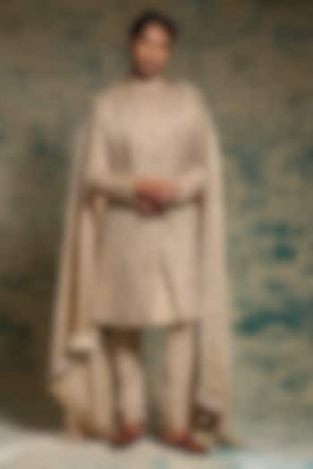 Sand Grey Linen Silk Sequins Hand Embroidered Groom Sherwani Set by Jatin Malik at Pernia's Pop Up Shop