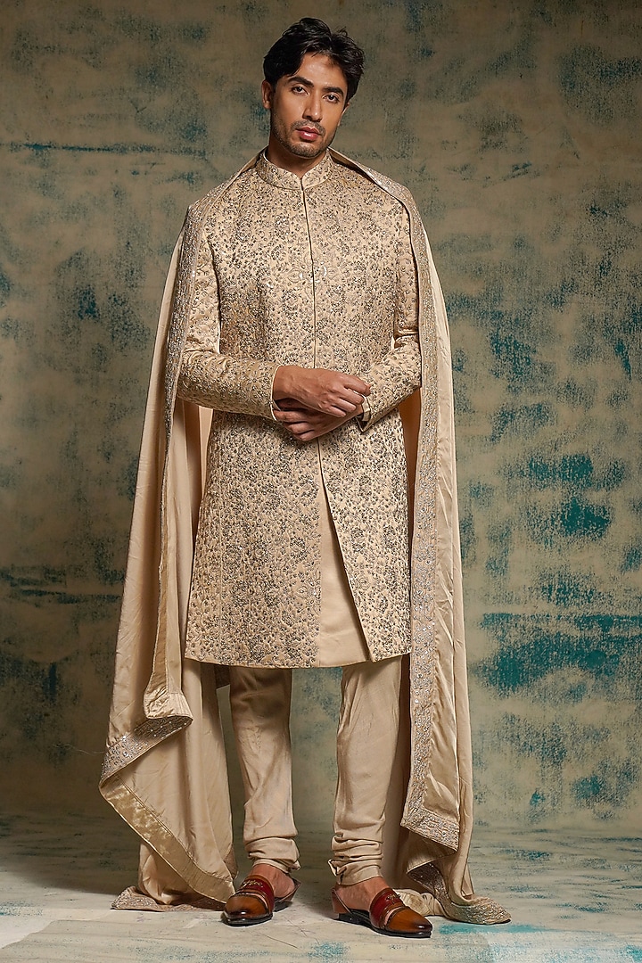 Sand Grey Linen Silk Sequins Hand Embroidered Groom Sherwani Set by Jatin Malik at Pernia's Pop Up Shop