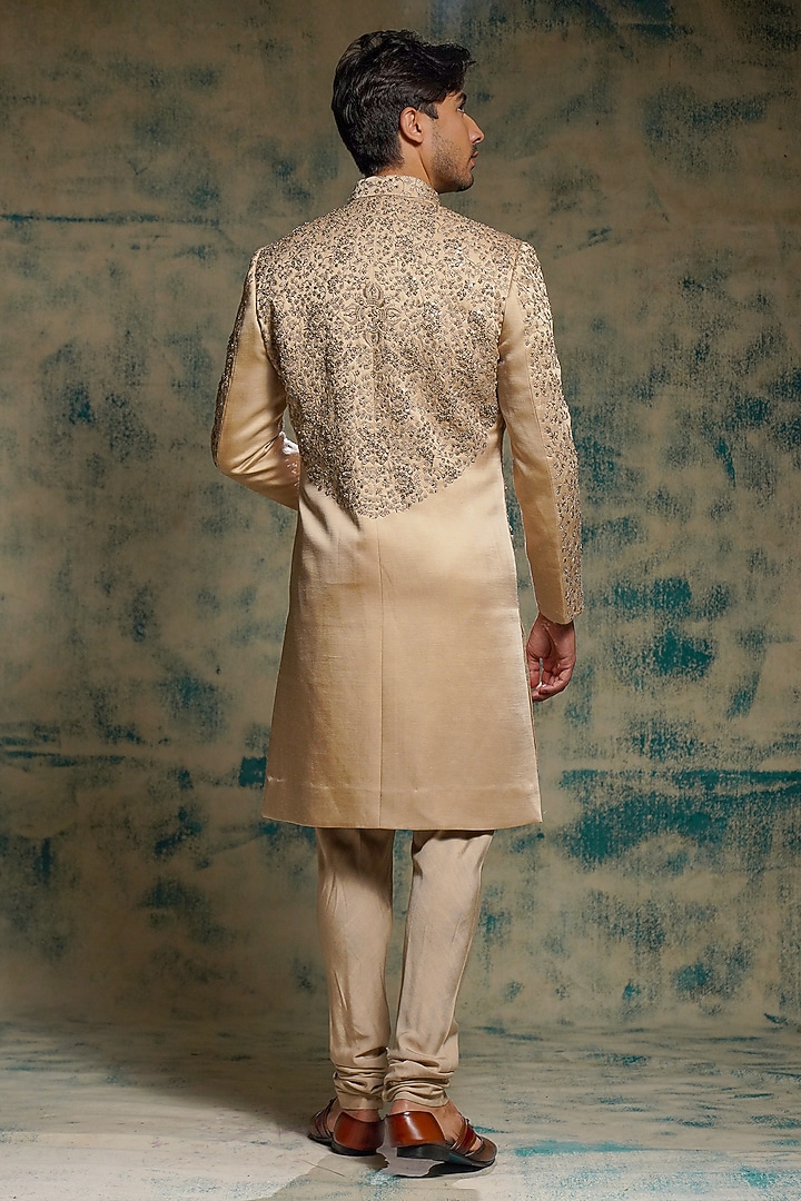 Sand Grey Linen Silk Sequins Hand Embroidered Groom Sherwani Set by Jatin Malik at Pernia's Pop Up Shop