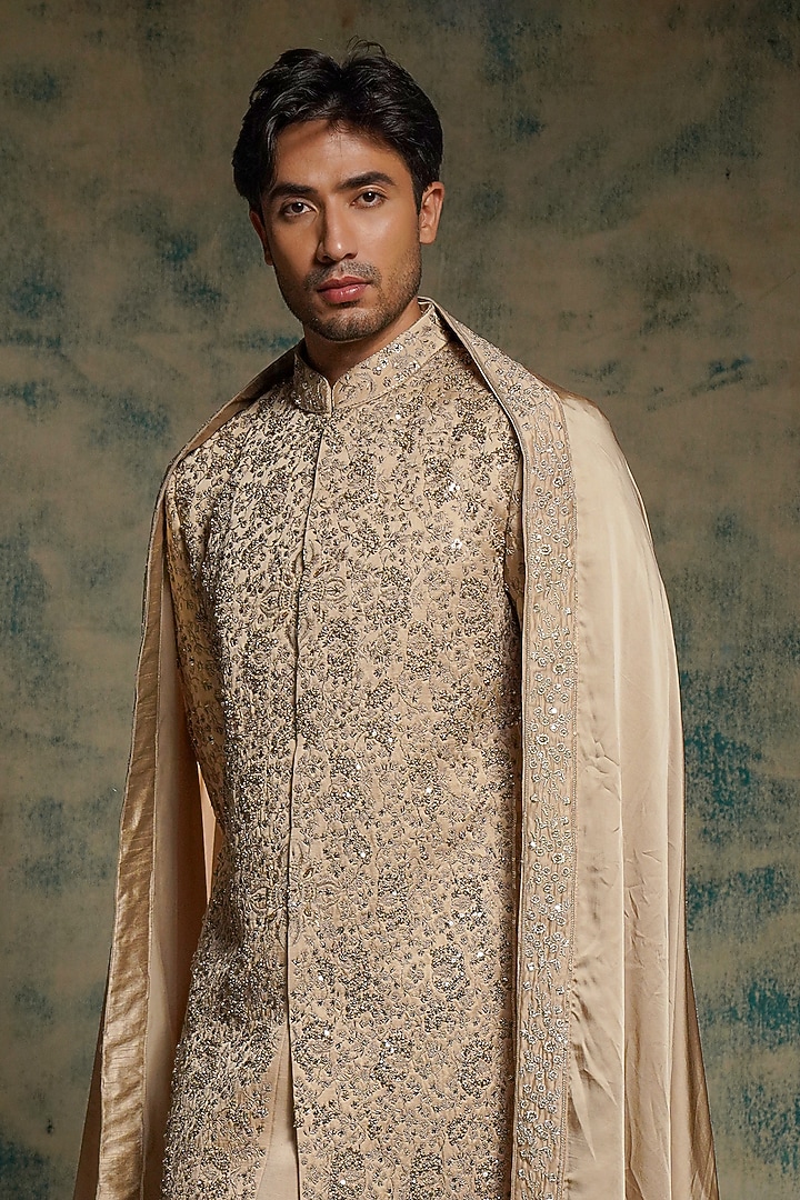 Sand Grey Linen Silk Sequins Hand Embroidered Groom Sherwani Set by Jatin Malik at Pernia's Pop Up Shop
