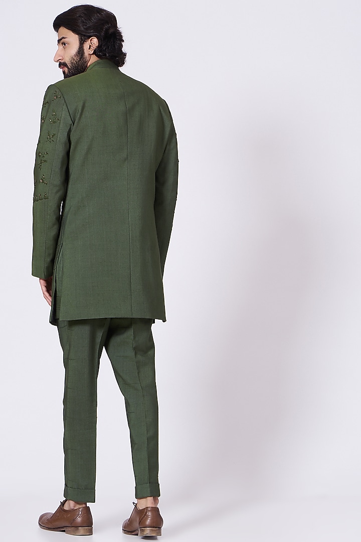 Olive Kurta Set With Floral Embroidered Groom Indowestern Jacket by Jatin Malik at Pernia's Pop Up Shop