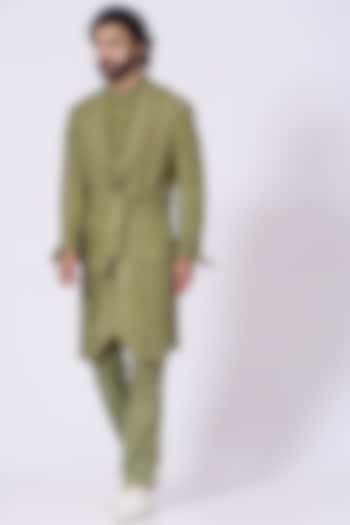 Dry Grass Green Cotton Twill Pant Set With Jacket by Jatin Malik