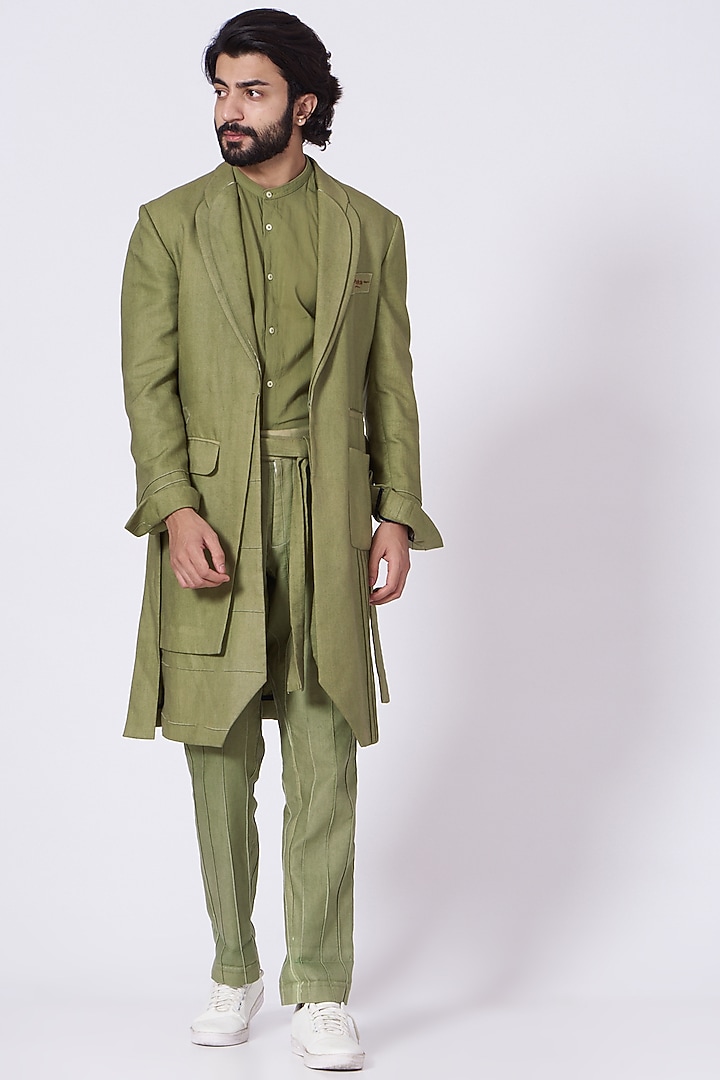 Dry Grass Green Cotton Twill Pant Set With Jacket by Jatin Malik at Pernia's Pop Up Shop