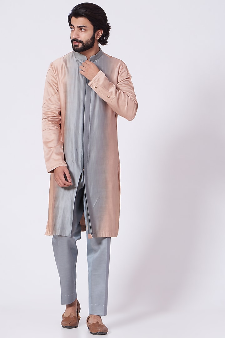 Champagne Pink & Ice Grey Linen Silk Ombre Kurta Set by Jatin Malik at Pernia's Pop Up Shop