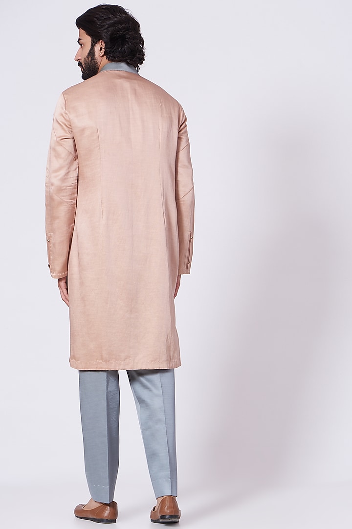 Champagne Pink & Ice Grey Linen Silk Ombre Kurta Set by Jatin Malik at Pernia's Pop Up Shop