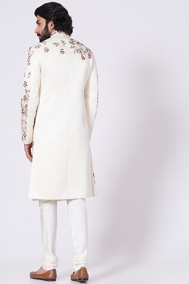 Ivory Linen Silk Floral Embroidered Groom Sherwani Set by Jatin Malik at Pernia's Pop Up Shop