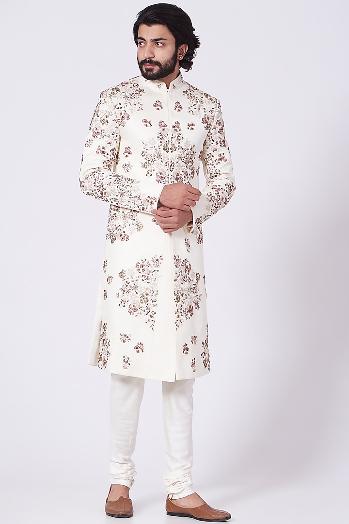 Ivory Linen Silk Floral Embroidered Groom Sherwani Set by Jatin Malik at Pernia's Pop Up Shop