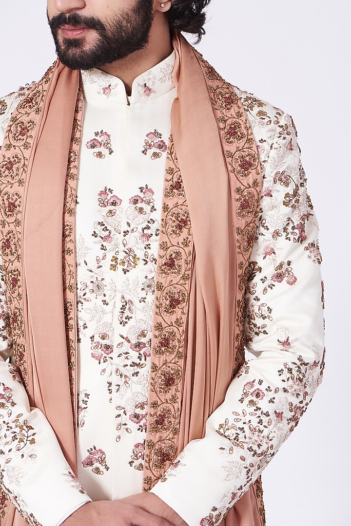 Ivory Linen Silk Floral Embroidered Groom Sherwani Set by Jatin Malik at Pernia's Pop Up Shop