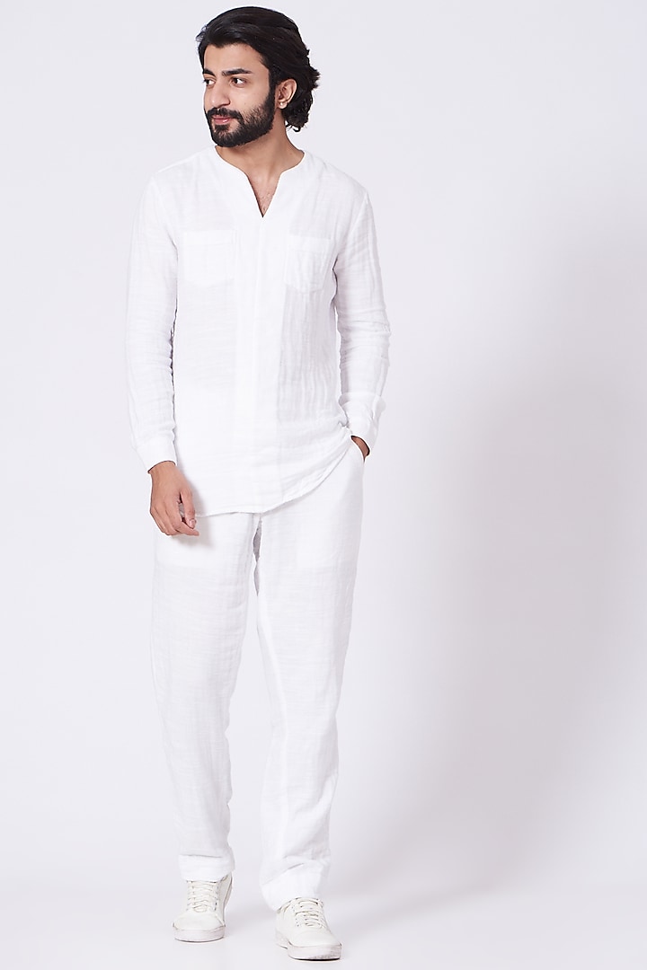 White Cotton Slub Shirt Kurta Set by Jatin Malik