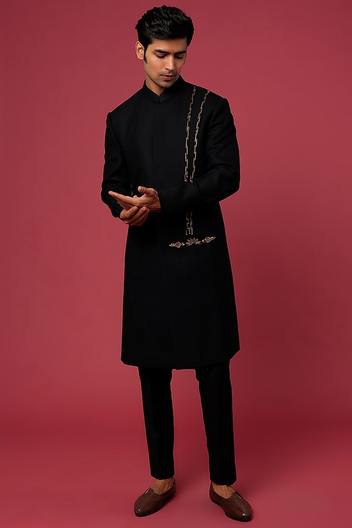 Black Embroidered Indowestern Set by Jatin Malik