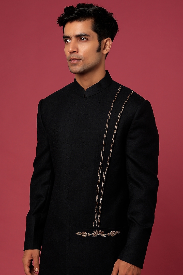 Black Embroidered Groom Indowestern Set by Jatin Malik at Pernia's Pop Up Shop