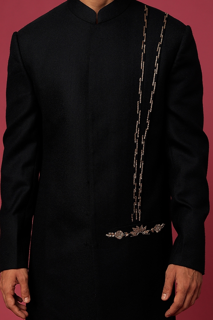 Black Embroidered Groom Indowestern Set by Jatin Malik at Pernia's Pop Up Shop
