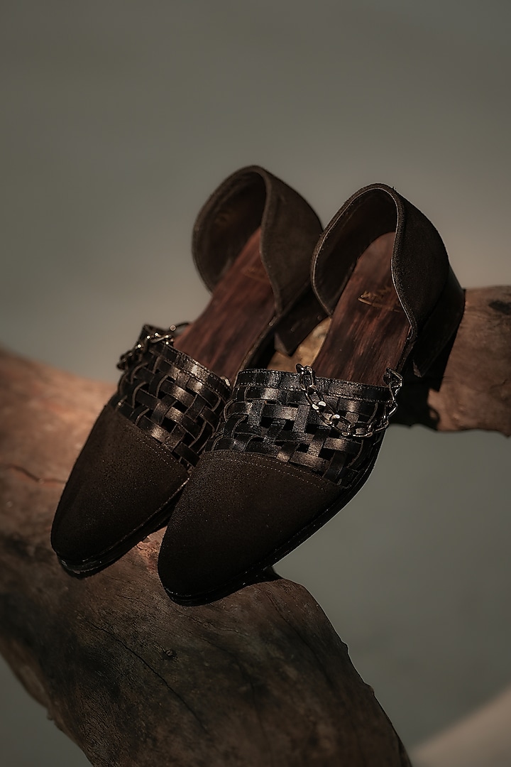 Black Suede & Leather Caligae Shoes by Jatin Malik at Pernia's Pop Up Shop