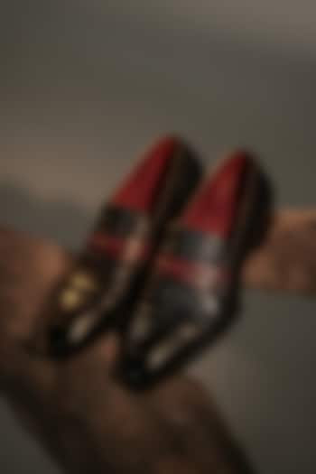 Black & Wine Leather Textured Caligae Shoes by Jatin Malik at Pernia's Pop Up Shop