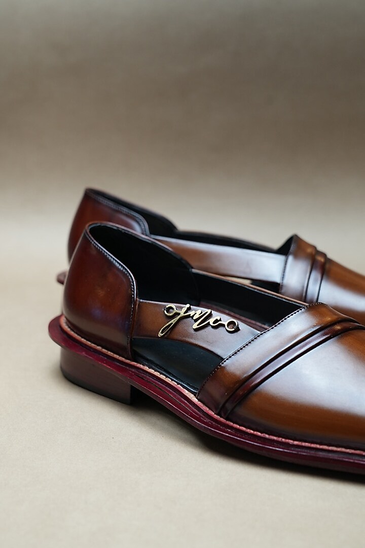 Brown Leather Hand-Brushed Caligae Shoes by Jatin Malik at Pernia's Pop Up Shop