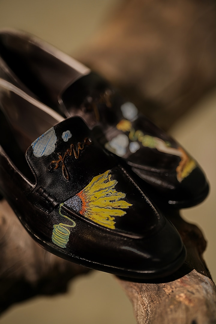 Brown Leather Hand-Painted Loafers by Jatin Malik at Pernia's Pop Up Shop