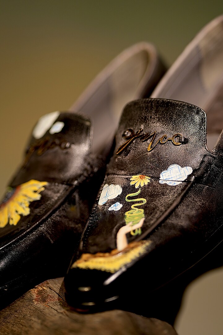 Brown Leather Hand-Painted Loafers by Jatin Malik at Pernia's Pop Up Shop