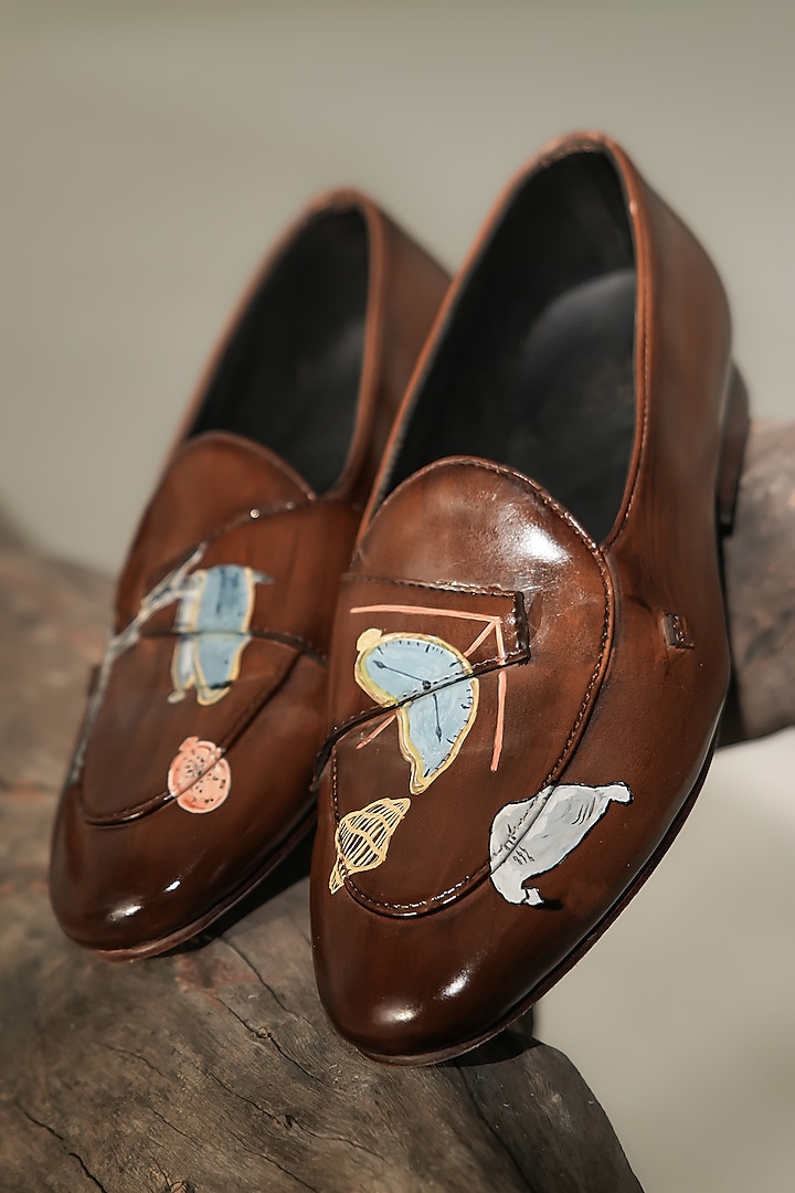 Brown Leather Hand-Painted Loafers by Jatin Malik