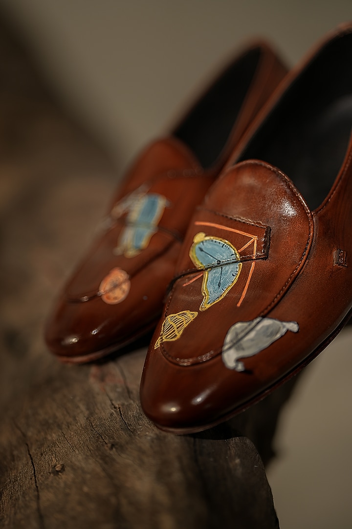 Brown Leather Hand-Painted Loafers by Jatin Malik at Pernia's Pop Up Shop