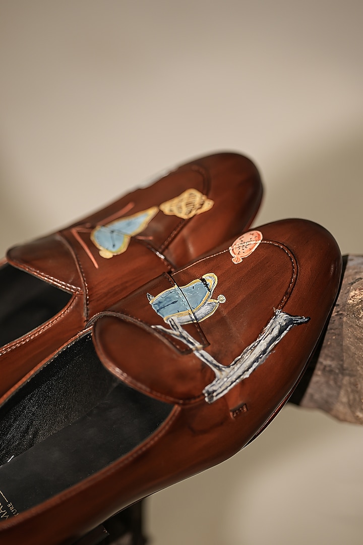Brown Leather Hand-Painted Loafers by Jatin Malik at Pernia's Pop Up Shop