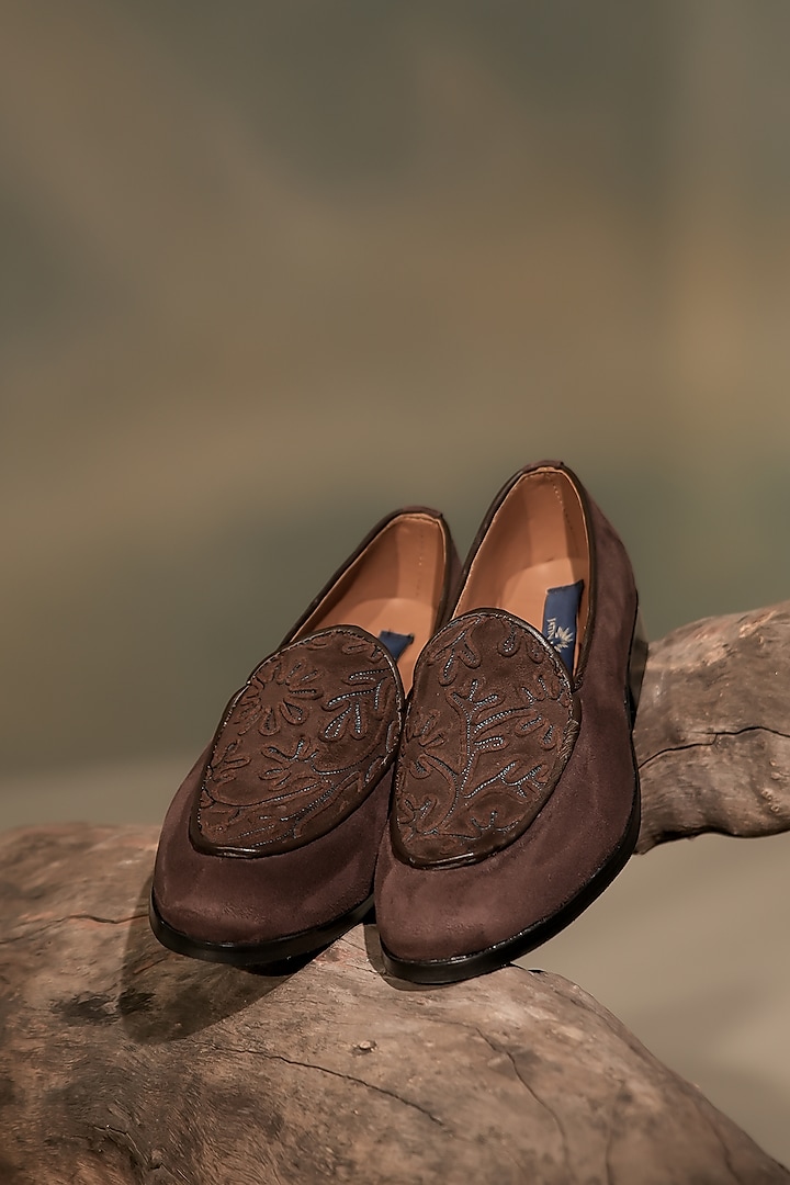 Brown Suede Hand Embroidered Loafers by Jatin Malik