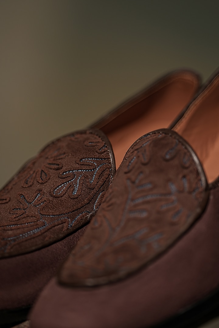 Brown Suede Hand Embroidered Loafers by Jatin Malik at Pernia's Pop Up Shop