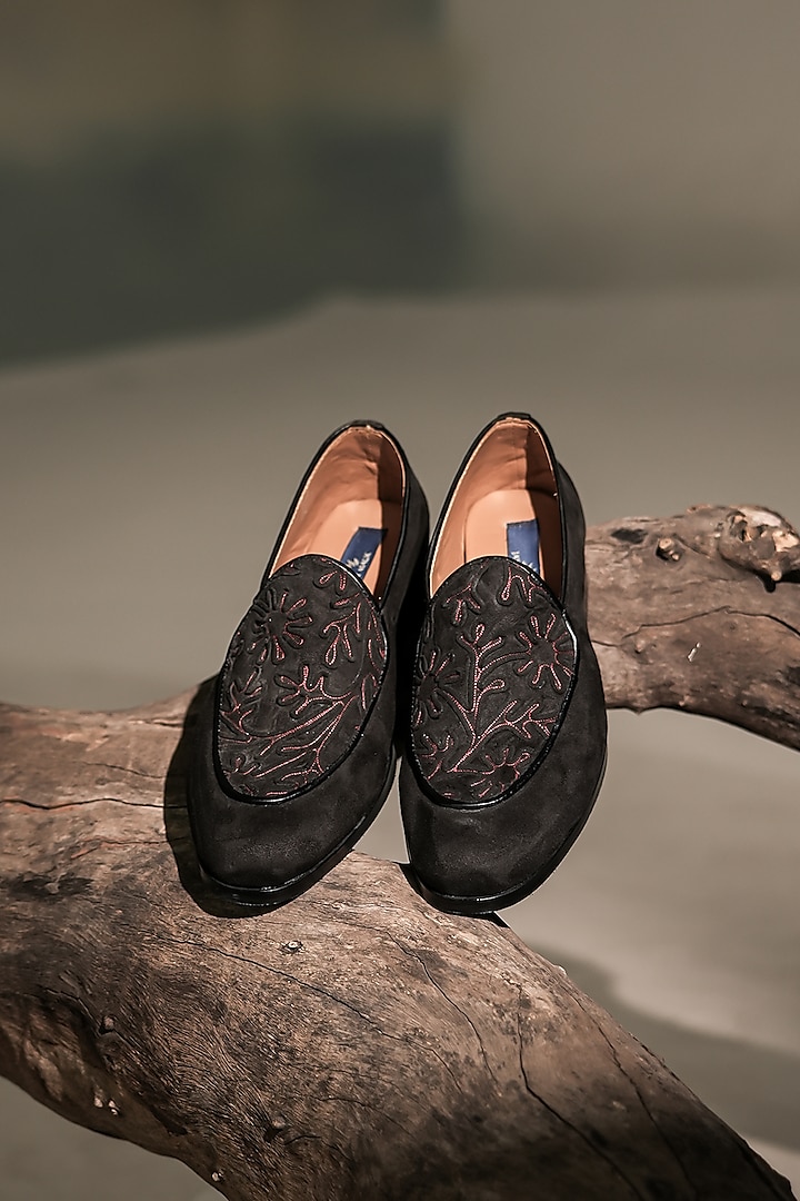 Black Suede Hand Embroidered Loafers by Jatin Malik