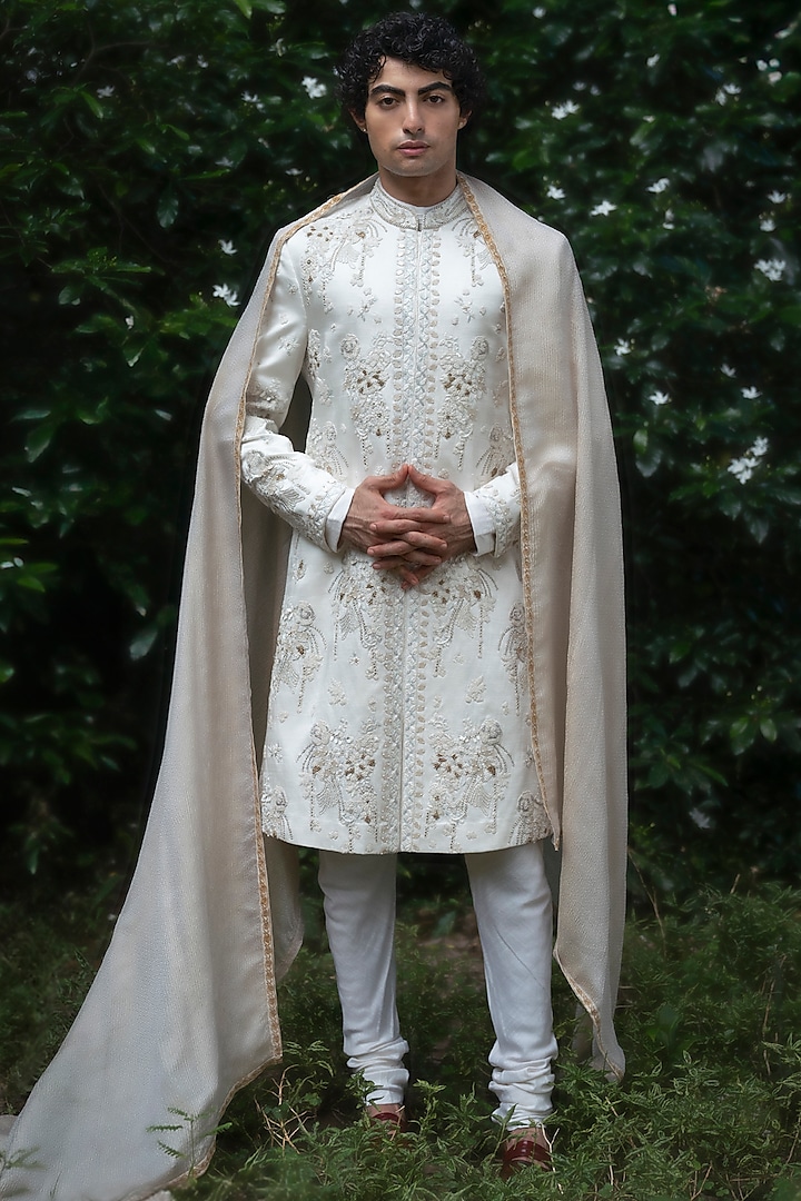 Ivory Linen Silk 3D Floral Embroidered Groom Sherwani Set by Jatin Malik at Pernia's Pop Up Shop