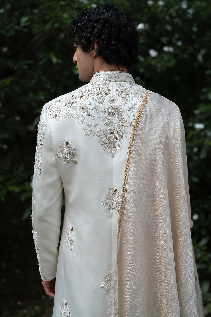 Ivory Linen Silk 3D Floral Embroidered Groom Sherwani Set by Jatin Malik at Pernia's Pop Up Shop