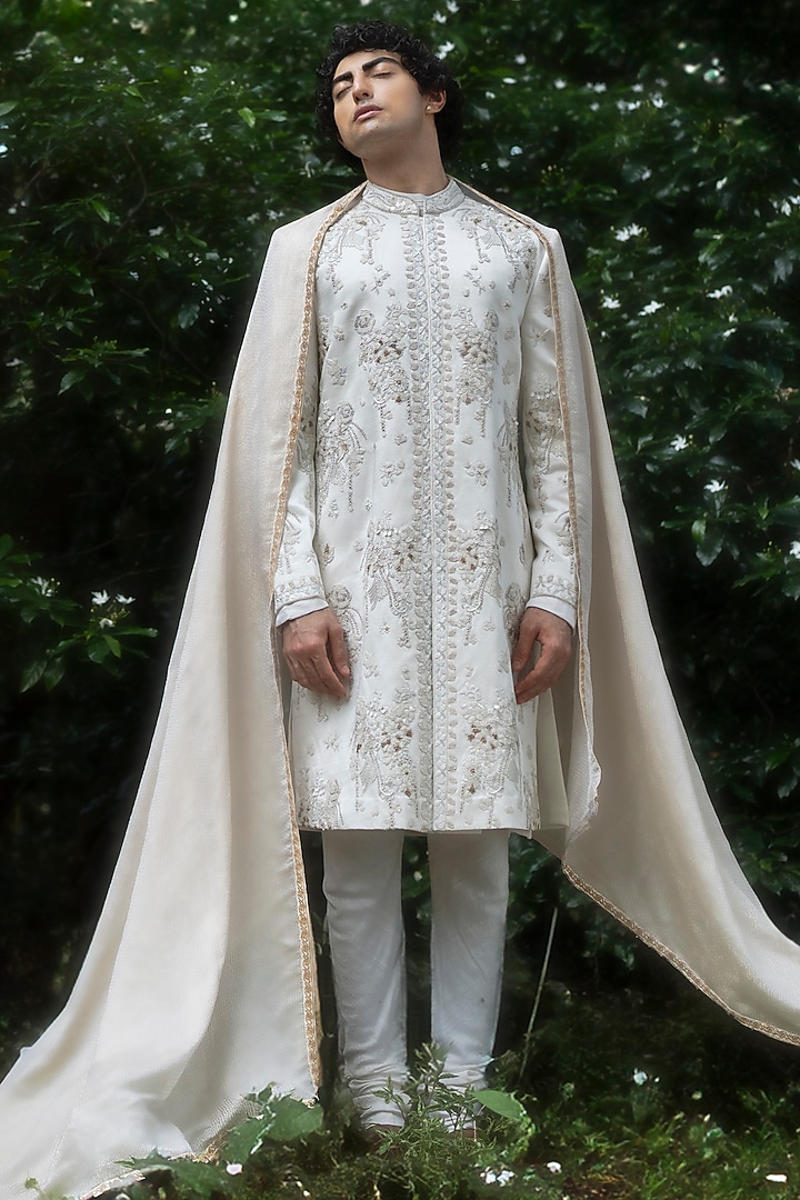 Ivory Linen Silk 3D Floral Embroidered Groom Sherwani Set by Jatin Malik at Pernia's Pop Up Shop
