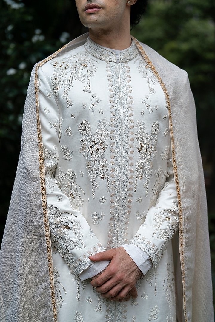 Ivory Linen Silk 3D Floral Embroidered Groom Sherwani Set by Jatin Malik at Pernia's Pop Up Shop
