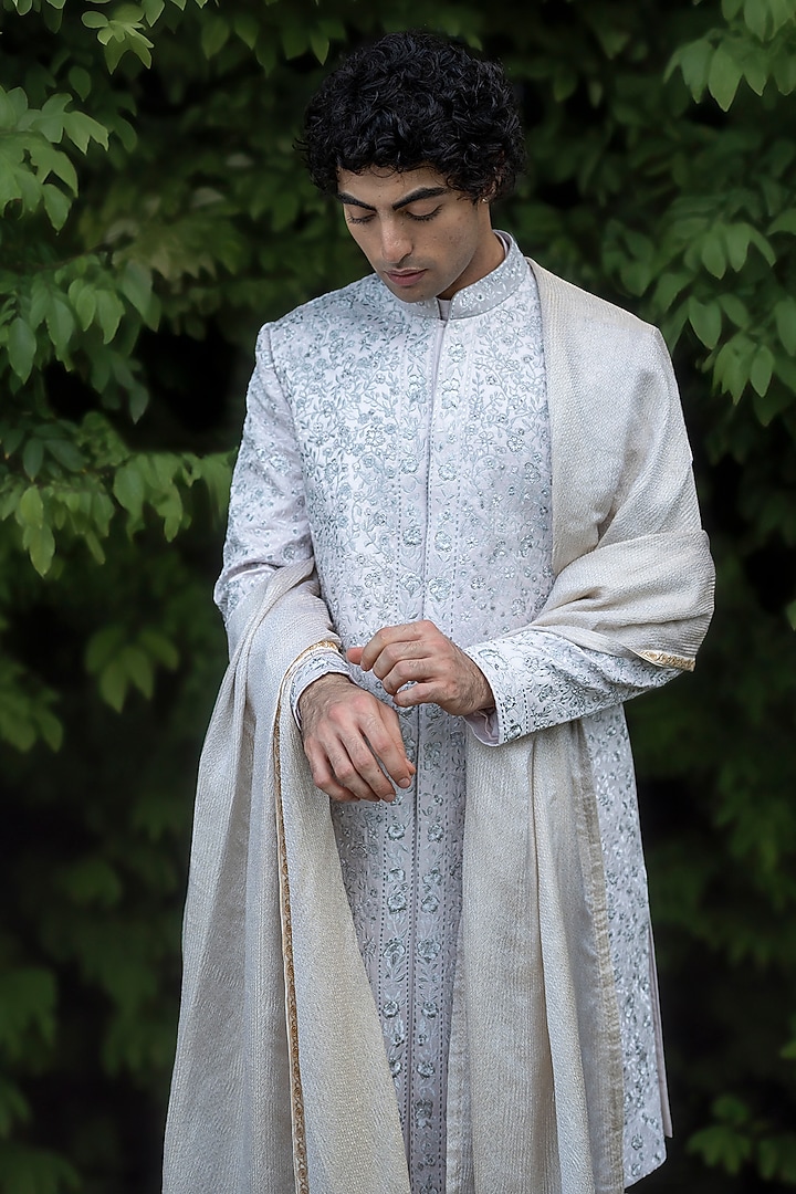 Lilac-Grey Linen Silk Hand Embroidered Groom Sherwani Set by Jatin Malik at Pernia's Pop Up Shop