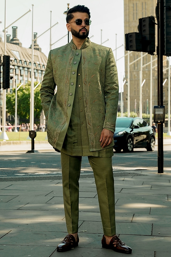 Sage Green Linen Silk Dori Work Bandhgala Set by Jatin Malik at Pernia's Pop Up Shop
