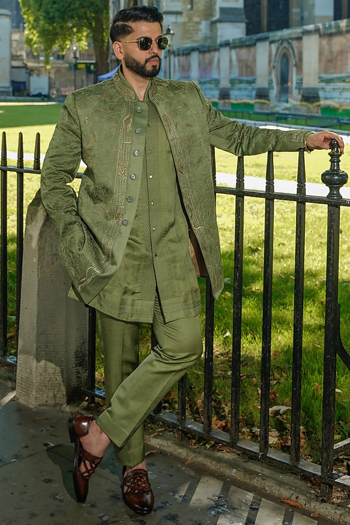 Sage Green Linen Silk Dori Work Bandhgala Set by Jatin Malik at Pernia's Pop Up Shop