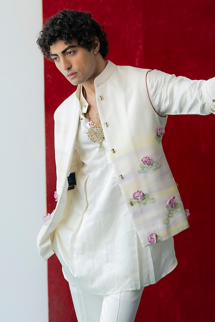 White Slub Silk Handpainted Indo-Western Set by Jatin Malik at Pernia's Pop Up Shop